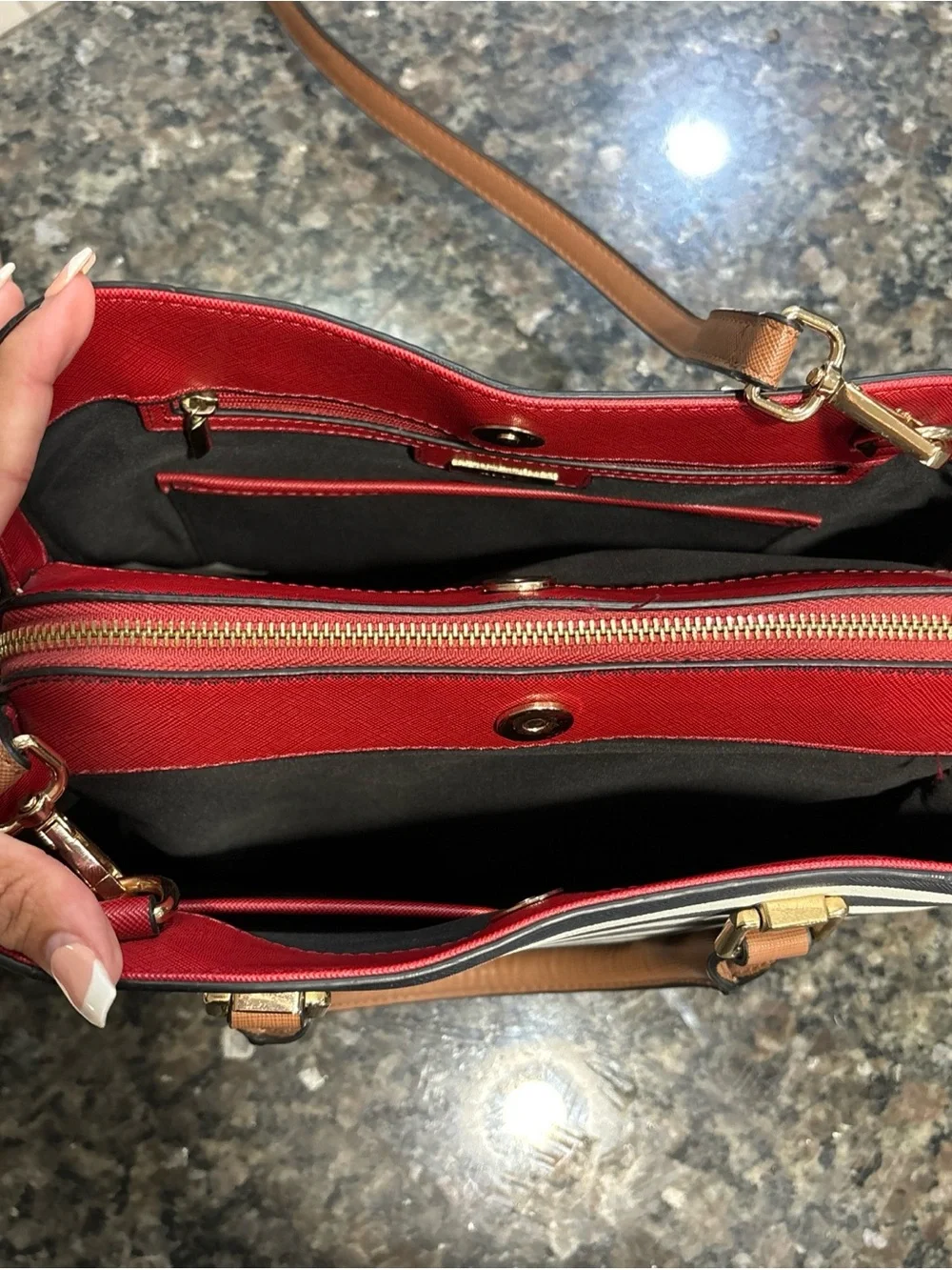 Aldo Navy & White Striped Satchel with Tan Handles